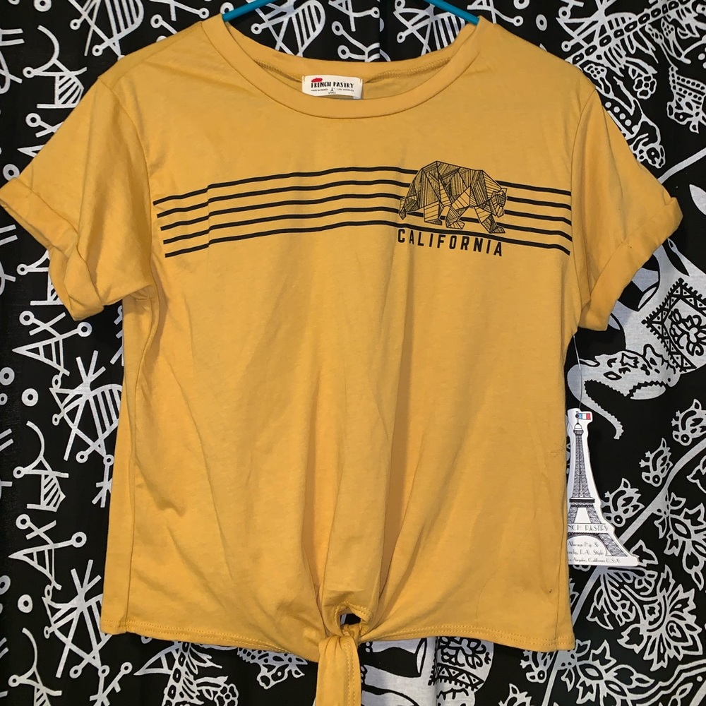 yellow tee, with small tie